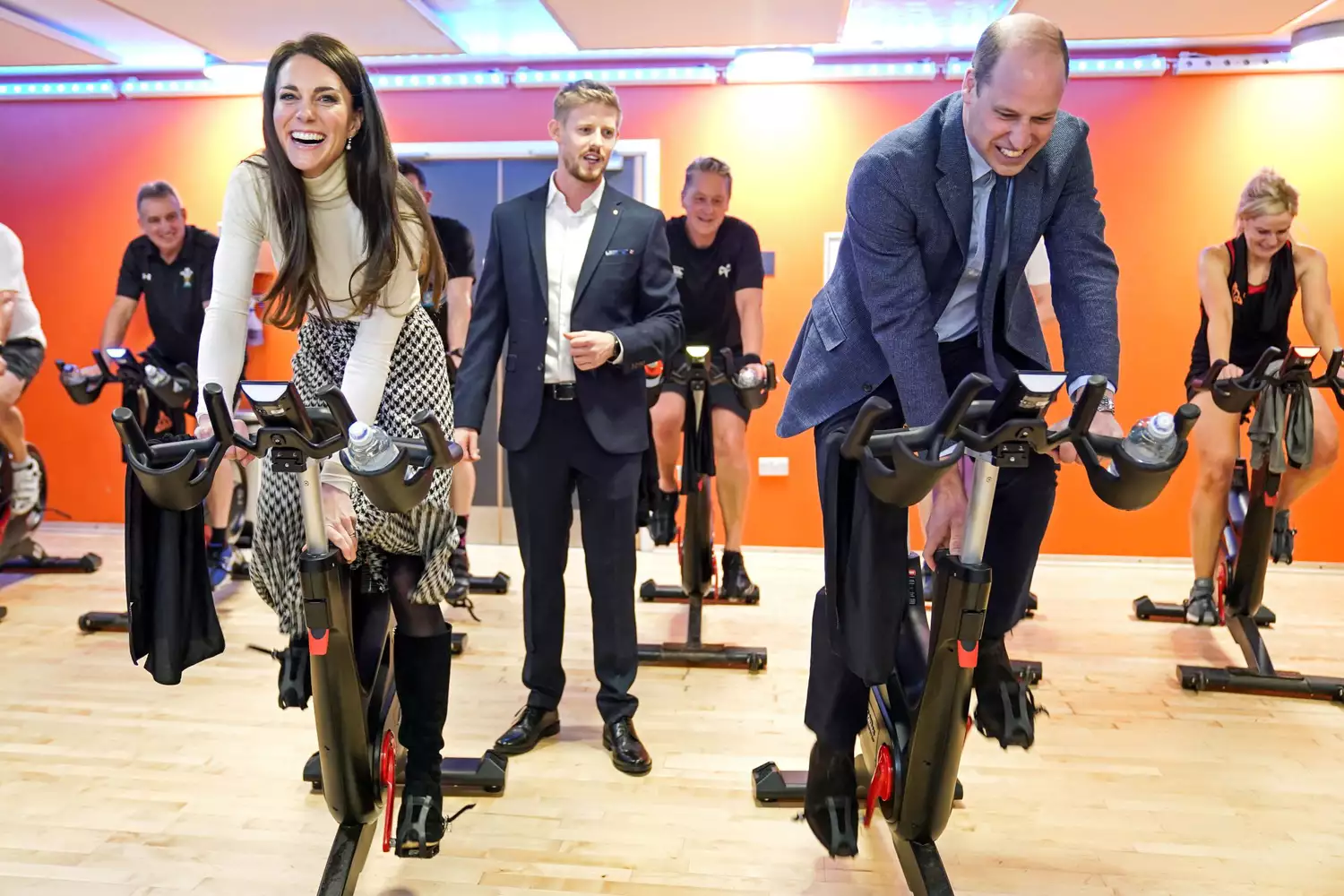 Prince William and Princess Catherine take part in a spin class during a visit to Aberavon Leisure and Fitness Centre in Port Talbot