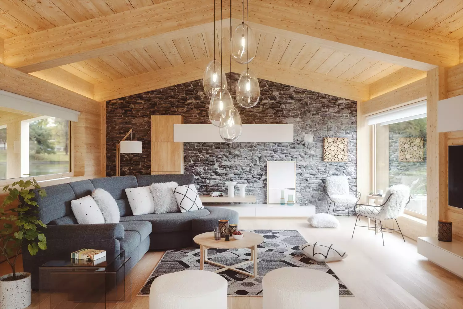 living room with wooden ceiling and stone wall