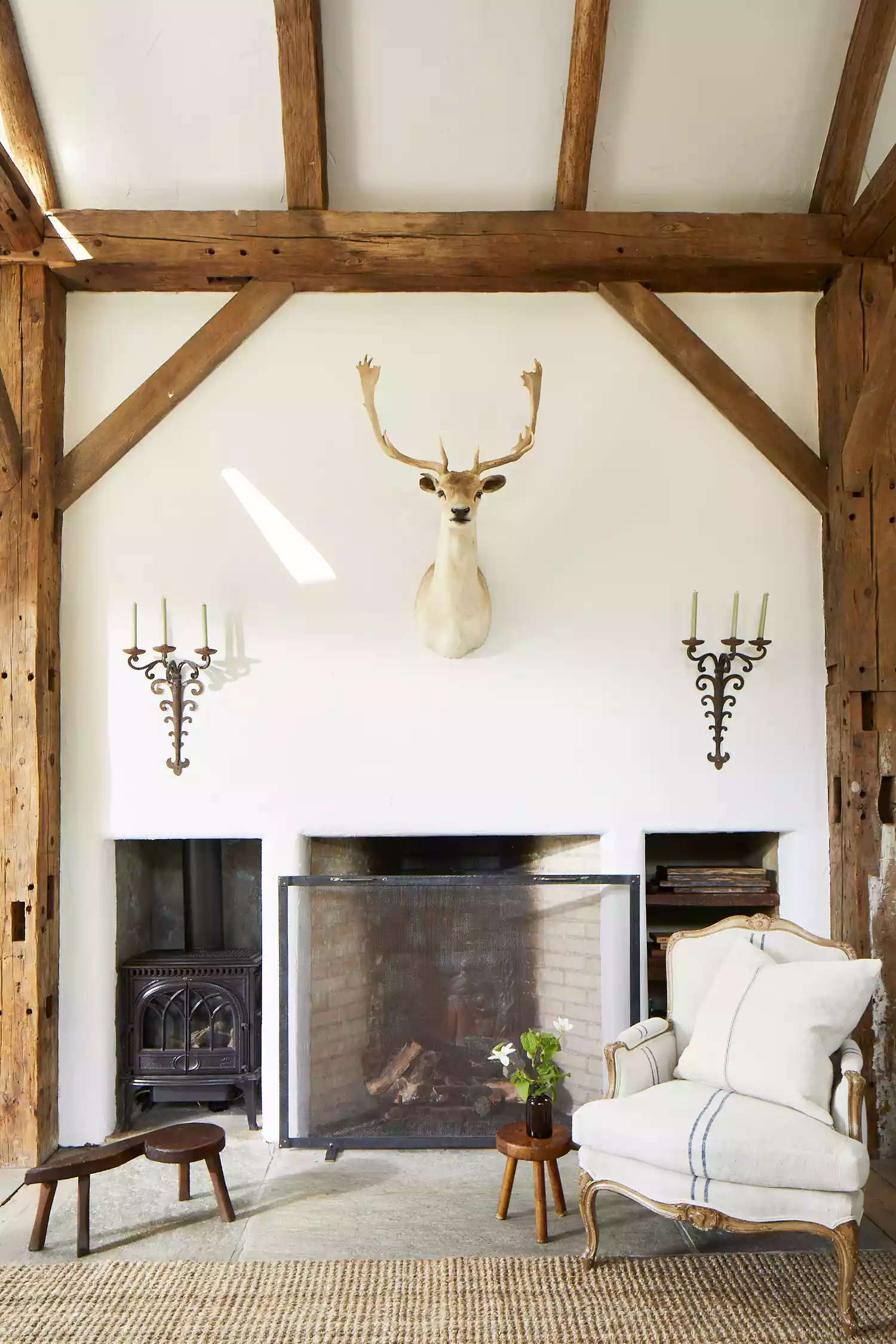 fireplace with stag head above mantel